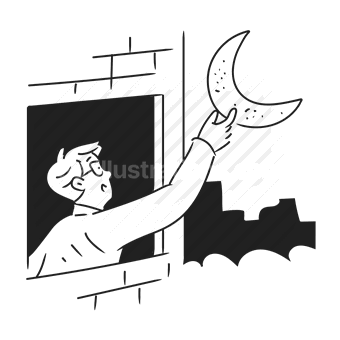 night, moon, window, silhouette