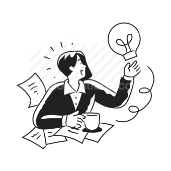 business idea, brainstorming, lightbulb, coffee, paperwork
