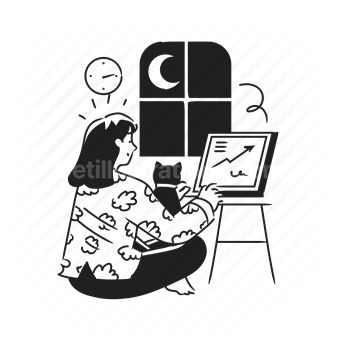 working late, night shift, freelance, computer, moon, Vector illustration