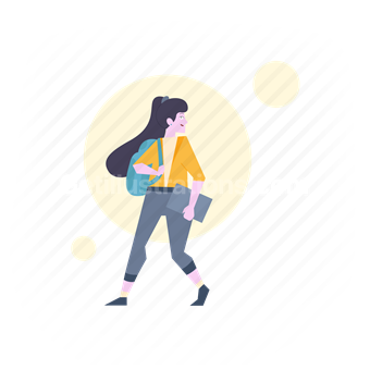 girl, woman, backpack, carry, book, student