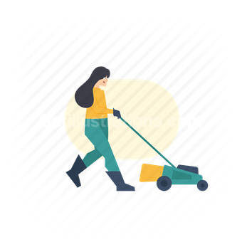 woman, gardener, lawn mower, mower, gardening
