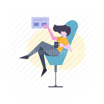 woman, relax, chair, mug, browser