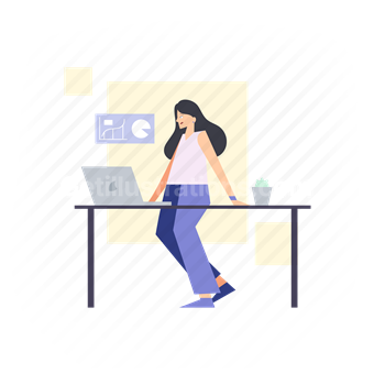 woman, computer, desk, plant, graph