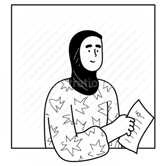 woman, female, girl, muslim, headscarf, hijab, reading, file, paper, page