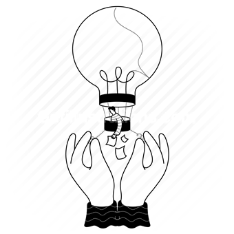 lightbulb, idea, thought, unravel, take apart, hot air balloon, hand, gesture