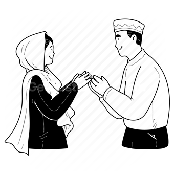 greeting, woman, man, islam, muslim, prayer, gesture