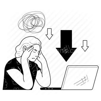 decrease, arrow, down, frustration, frustrated, laptop, computer, productivity