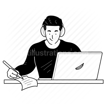 computer, laptop, desk, office, document, paper, page, man, headphones