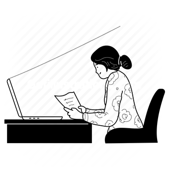computer, laptop, desk, office, document, paper, page, woman, overtime