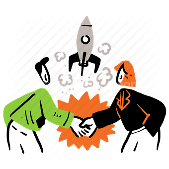 deal, agreement, handshake, rocket, launch, man, woman