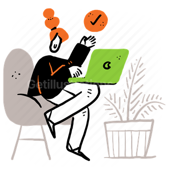 laptop, computer, woman, people, chair, plant, checkmark