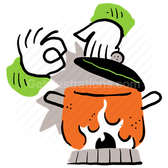 pot, fire, flame, hand, gesture, kitchen, cooking