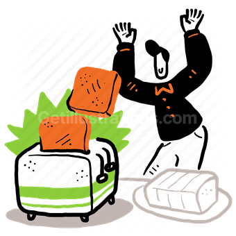 toaster, toast, bread, man, people, kitchen, appliance