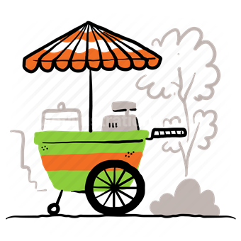 cart, stand, cash, register, umbrella, outdoors, store, shop