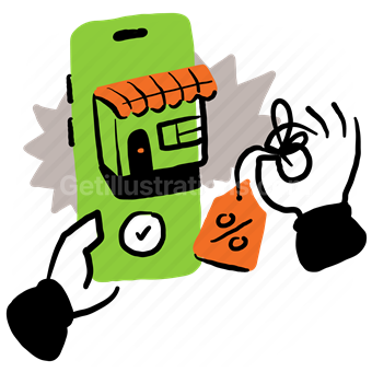 mobile, smartphone, checkmark, shop, store, hand, gesture, discount