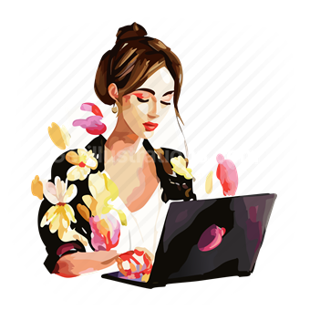 woman, female, people, person, laptop, electronic, device, computer, flower
