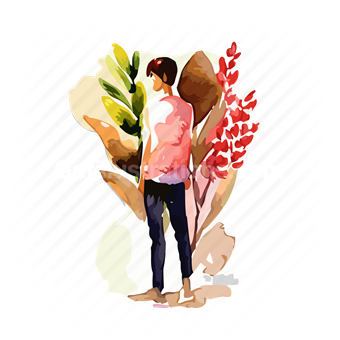 man, people, person, stand, standing, pose, nature, flower, floral, plants