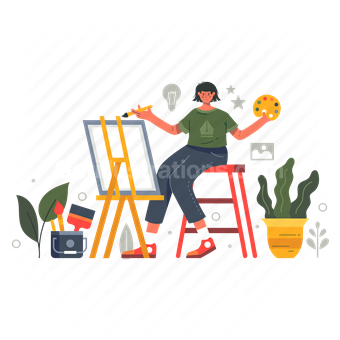 painting, paint, brush, eisle, canvas, bucket, tools, plant, woman, people