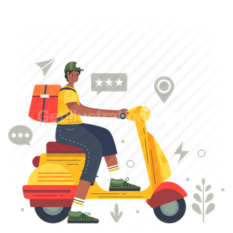 delivery, vespa, scooter, rating, review, message, location, pin, man, people