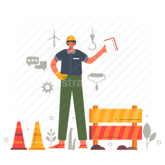 construction, sign, cone, windmill, settings, gear, brush, man, people