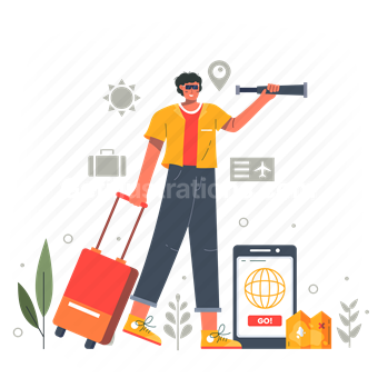 search, telescope, mobile, luggage, baggage, marker, pin, ticket, map, man, people