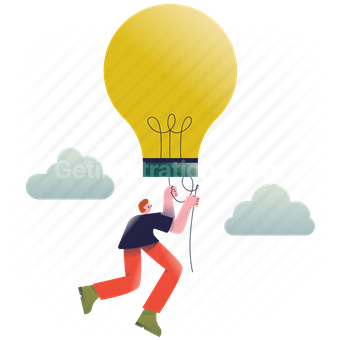 idea, thought, lightbulb, balloon, carry, innovation, innovative