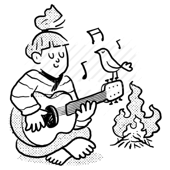 child, campfire, fire, bird, guitar, music, instrument