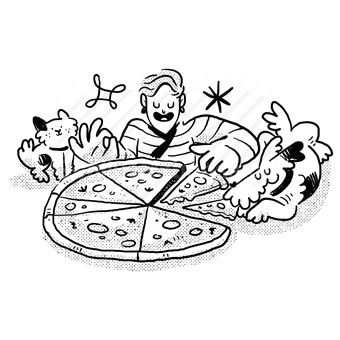 pizza, share, woman, cat, dog, animal, pet