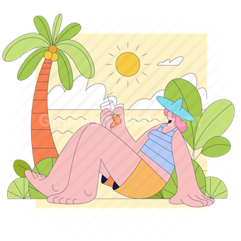 woman, beach, palm, tree, sun