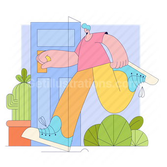 man, door, home, house, plant