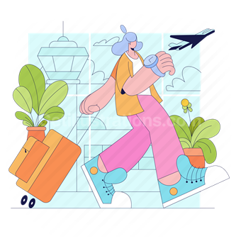 airport, travel, transportation, luggage, baggage, woman
