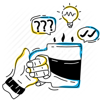 drink, hand, gesture, mug, cup, question, idea, thought