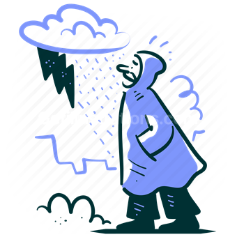rain, weather, lightening, storm, man, raincoat