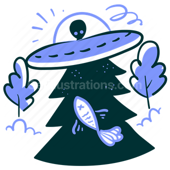 ufo, alien, spaceship, fish, abduction, trees