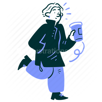 avatar, walking, woman, jacket, cup, drink, beverage
