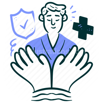 medical, healthcare, medicine, care, hand, gesture, shield, plus, checkmark