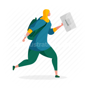woman, hurry, backpack, document, run