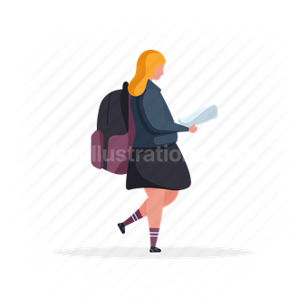 paper, school, backpack, student, girl