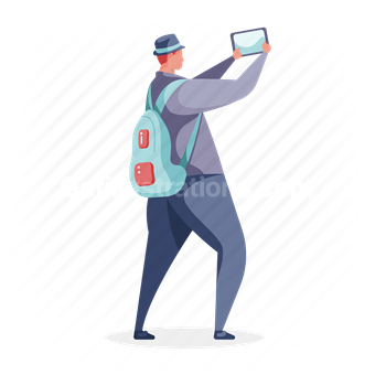 man, rucksack, tablet, electronic, device