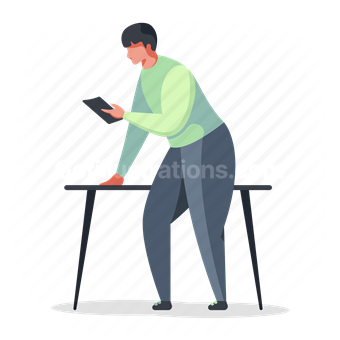 man, lean, desk, tablet, electronic, device