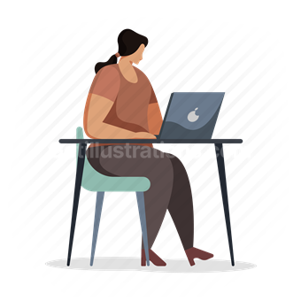 woman, desk, computer, laptop, chair