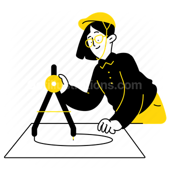 protractor, draw, write, construction, circle, woman, people