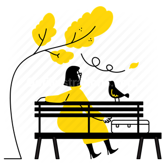 park, outdoors, tree, bench, woman, people, bird, suitcase, nature