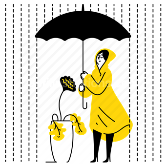 rain, raining, umbrella, plant, flower, pot, protect, secure, woman, people