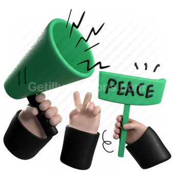 megaphone, bullhorn, peace, sign, hand, gesture, hands