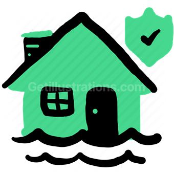 flood, insurance, shield, checkmark, confirm, house, home