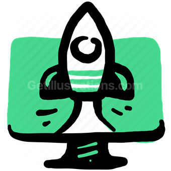 rocket, launch, monitor, screen, computer, startup