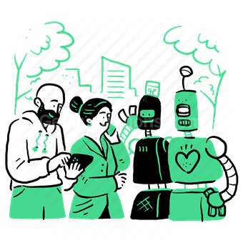 robot, robotics, city, man, woman, people