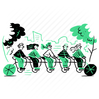 bike, bicycle, group, people, tree, buildings