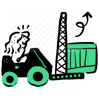 forklift, warehouse, crate, box, arrow, up
